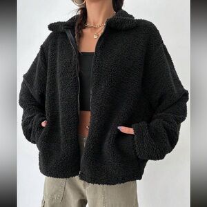 Luxe black cozy warm zipper teddy jacket